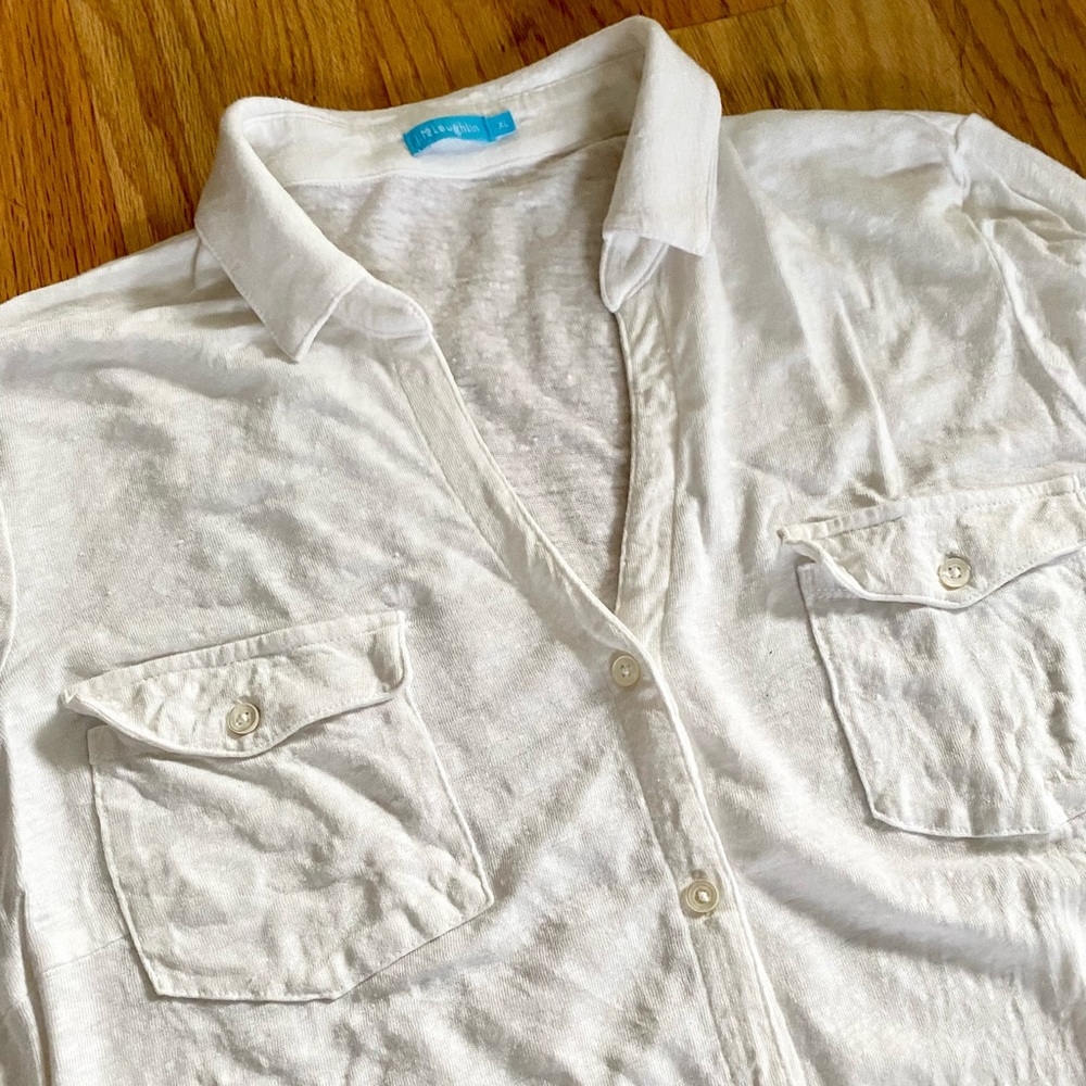 J. McLaughlin XL Linen Spandex White V neck Button Down Shirt